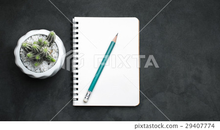 Notebook, pencil and cactus on black table Notebook, pencil and cactus on black table 29407774
