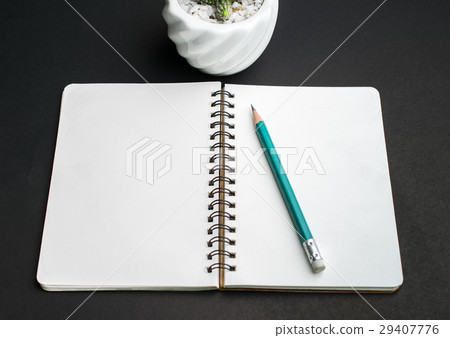 Notebook, pencil and cactus on black table Notebook, pencil and cactus on black table 29407776