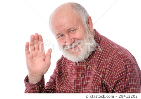 Senior man shows wave gesture, isolated on white 29412202