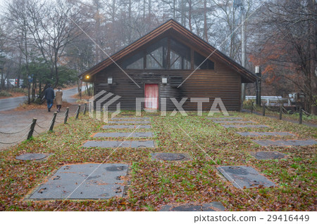 Woodhouse with tree anf fog at Karuizawa Japan Woodhouse with tree anf fog at Karuizawa Japan 29416449