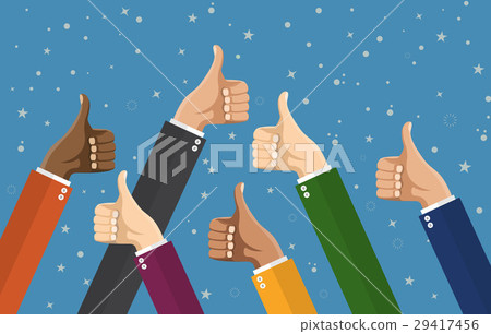 Businessmans hands hold thumbs up. 29417456