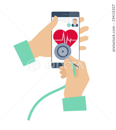 Doctor using a stethoscope on phone. Telemedicine 29418307