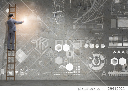Man on the ladder in data management concept Man on the ladder in data management concept 29419921