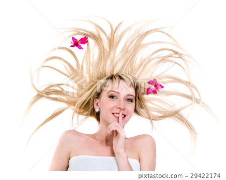 happy young woman with flying hair on white happy young woman with flying hair on white 29422174