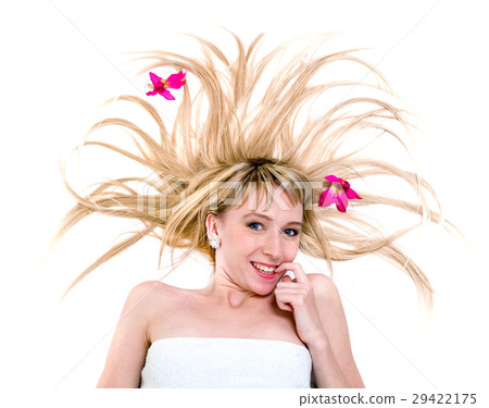 happy young woman with flying hair on white happy young woman with flying hair on white 29422175