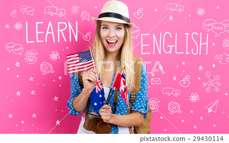 Learn English text with young woman with flags 29430114