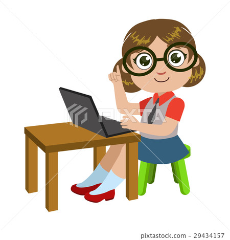 Girl In Glasses Sitting At The Desk With Lap Top Girl In Glasses Sitting At The Desk With Lap Top 29434157