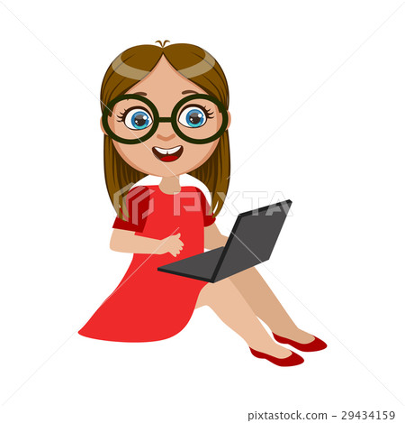 Girl In Red Dress Sitting With Lap Top, Part Of 29434159