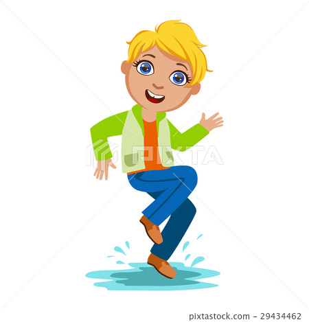 圖庫插圖: boy dancing splashing water, kid in autumn clothes