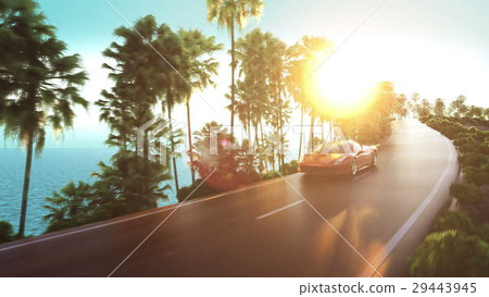 sports car driving on a mountain road over the sports car driving on a mountain road over the 29443945