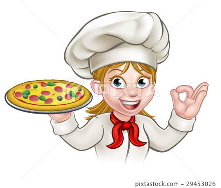 Cartoon Chef Woman and Pizza 29453026