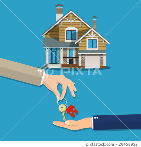 hand gives house door keys to another hand. 29458952