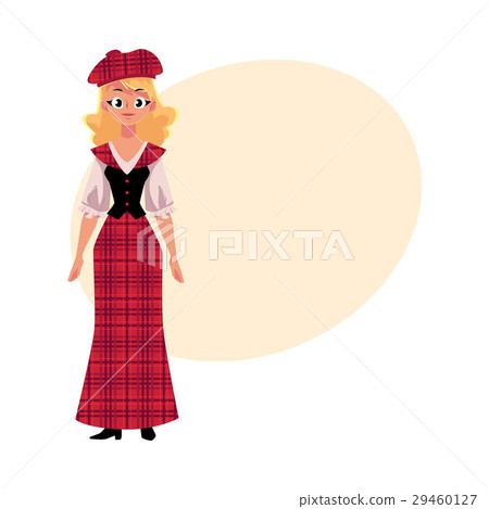 Scottish woman in national costume, tartan beret 29460127