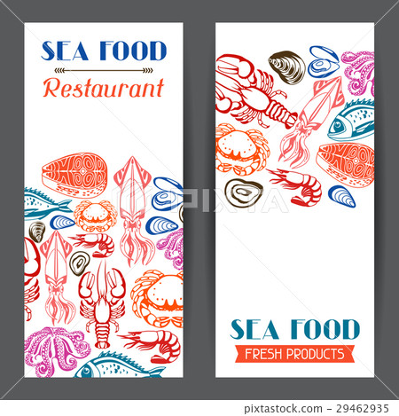 Banners with various seafood. Illustration of fish 29462935