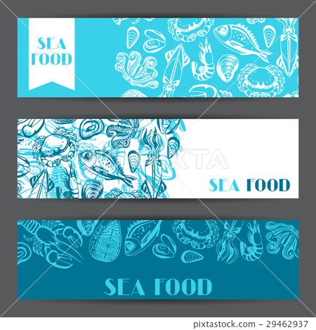 Banners with various seafood. Illustration of fish 29462937