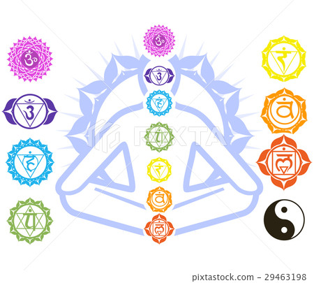 Chakras and spirituality symbols man in lotus pose Chakras and spirituality symbols man in lotus pose 29463198
