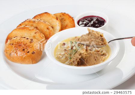 Pate for sandwiches on a spoon holds a hand on a Pate for sandwiches on a spoon holds a hand on a 29463575