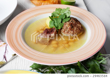 Soup with chickpeas and meatballs, plate, still 29463584