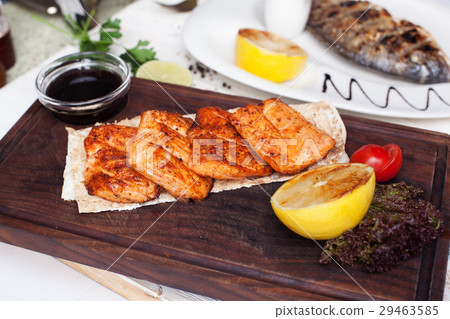 Board, still life, restaurant, grilled salmon 29463585