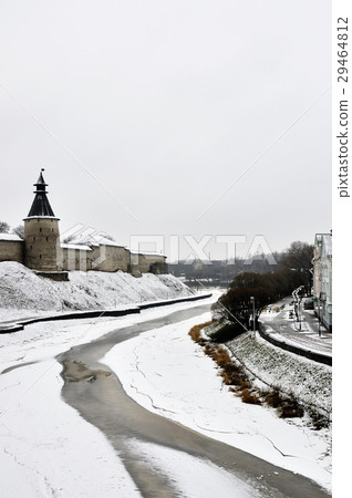 River view on Pskov Kremlin, Krom in winter time 29464812