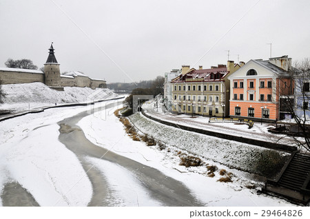 River view on Pskov Kremlin, Krom in winter time River view on Pskov Kremlin, Krom in winter time 29464826