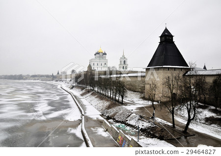 River view on Pskov Kremlin, Krom in winter time 29464827