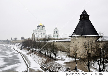 River view on Pskov Kremlin, Krom in winter time 29464828