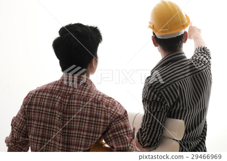 Isolated back view two engineer discussing project 29466969