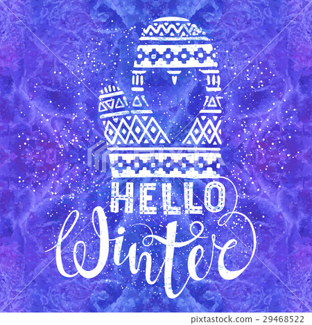 Hello winter text and knitted woolen mitten with 29468522