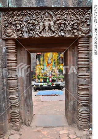 A beautiful goddess relief engraved on the outer wall of the main shrine of Wat Phu, World Heritage Sites in Laos 29475479