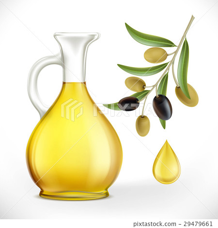 Glass jug with oil and olives with leaves - Stock Illustration ...