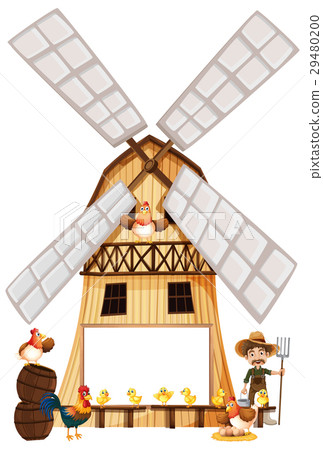 Farmer and chickens on windmill Farmer and chickens on windmill 29480200