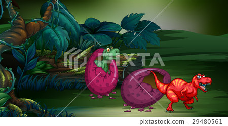 Two dinosaurs hatching eggs in deep forest - Stock Illustration ...