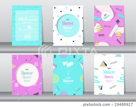 Set of baby shower card on memphis pattern Set of baby shower card on memphis pattern 29480927