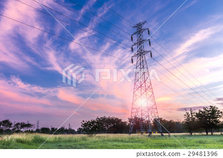 High voltage electricity pylon on sunrise  29481396
