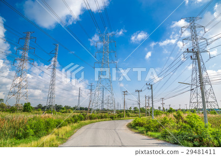 High voltage electricity pylon with blue sky  29481411