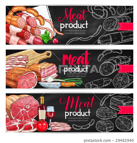 Meat sausage chalk sketch banner for bbq design Meat sausage chalk sketch banner for bbq design 29482940