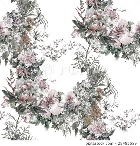 Watercolor painting of leaf and flowers pattern 29483659