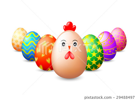 Chicken character with eggs of Easter day.  29488497