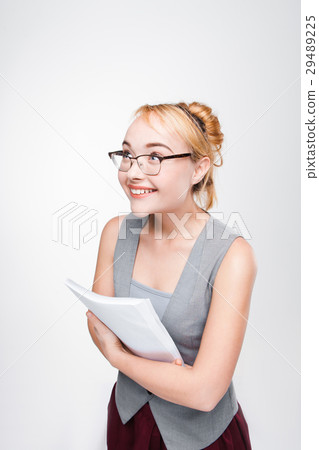Student girl in glasses feels happy of achievement Student girl in glasses feels happy of achievement 29489225