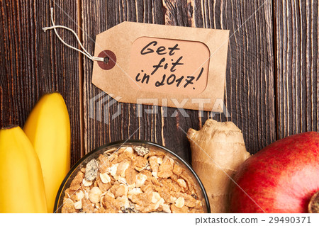 Pomegranate, muesli, bananas and label. Pomegranate, muesli, bananas and label. 29490371