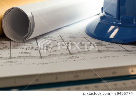 Workplace of architect - Architect rolls and plans Workplace of architect - Architect rolls and plans 29496774