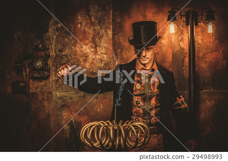 Steampunk man with Tesla coil on vintage steampunk 29498993