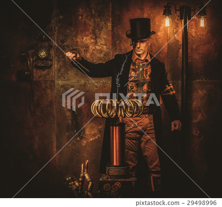 Steampunk man with Tesla coil on vintage steampunk 29498996