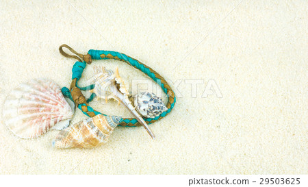 Sea shells and coloured wristbandon on sandy beach Sea shells and coloured wristbandon on sandy beach 29503625