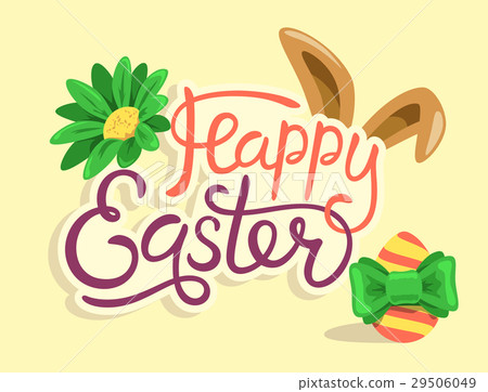 Happy Easter Lettering with Rabbit Egg and Flower 29506049
