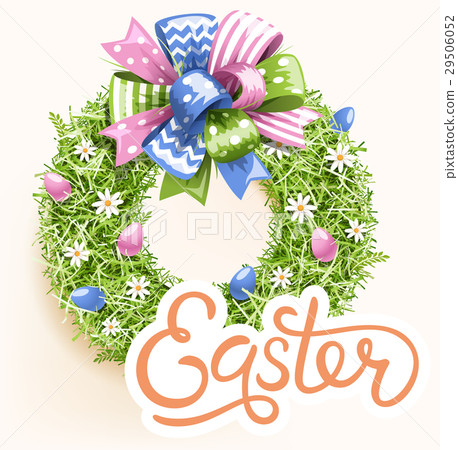 Easter Festive Grass Wreath with Bow on Beige 29506052