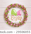 Easter Festive Twigs Wreath with Flowers on Wooden 29506055