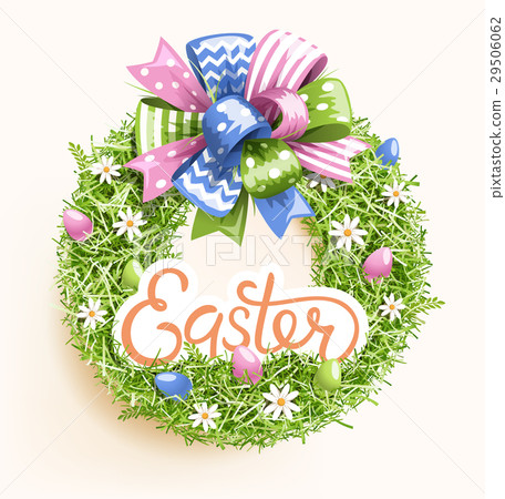 Easter Festive Grass Wreath with Bow Egg Flower 29506062