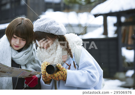 Winter girls travel in the winter Snow scenic lakeside castle town 29506976